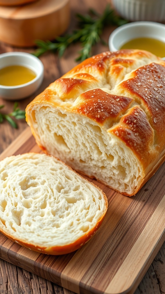 Dairy-Free Cloud Bread Loaf Recipe A fluffy loaf of cloud bread sliced on a cutting board, showcasing its light texture in a rustic kitchen.